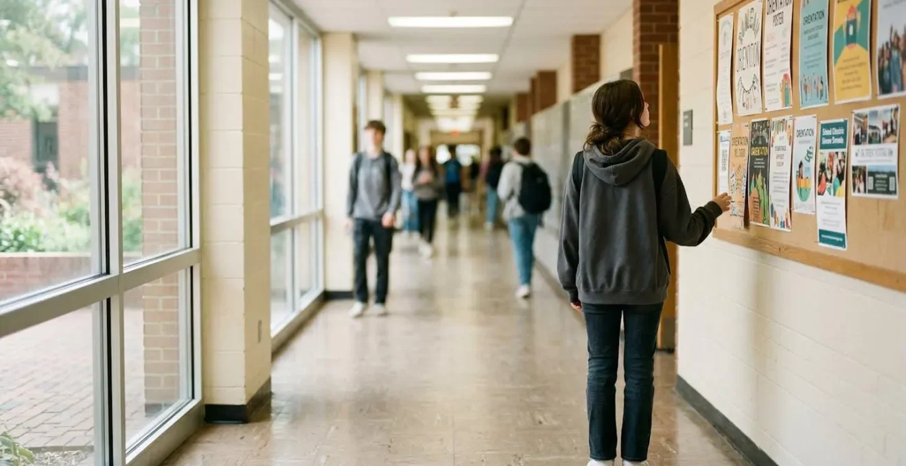 Un adolescent de dos observe un panneau d'affichage dans un couloir lumineux d'établissement scolaire