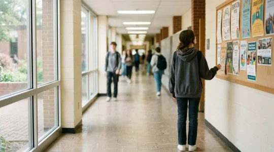 Un adolescent de dos observe un panneau d'affichage dans un couloir lumineux d'établissement scolaire