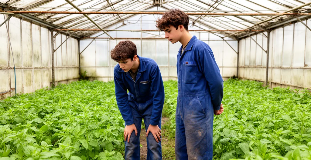 Adolescents en alternance MFR observant des plants dans une serre agricole du Maine-et-Loire