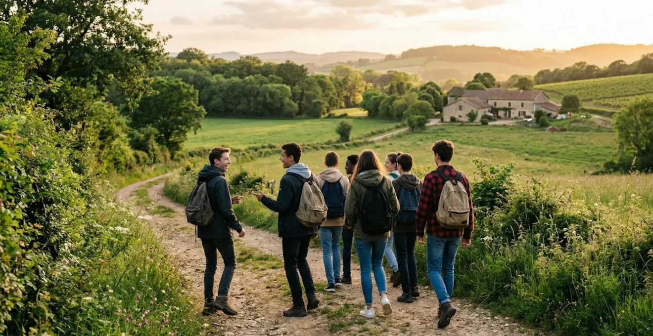 Un groupe de jeunes de profil marche dans la cour verdoyante d'un établissement rural