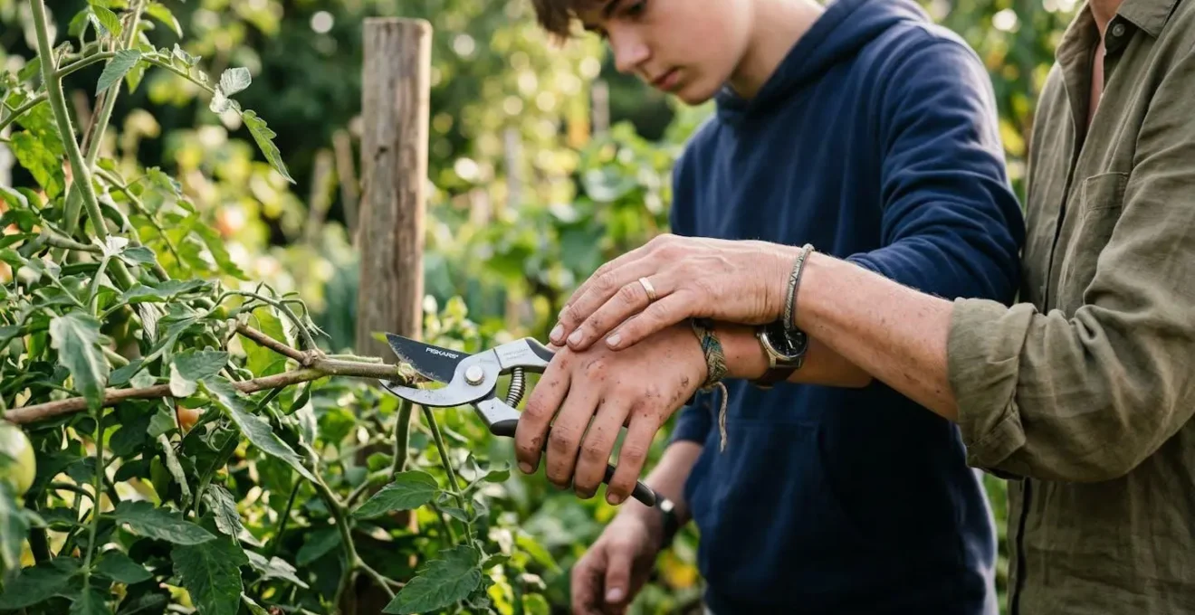 Les mains d'un jeune manipulent un outil agricole dans un environnement de formation pratique