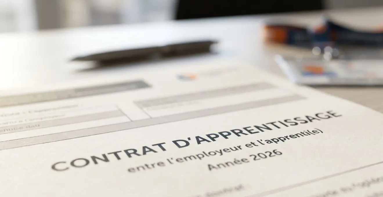 Gros plan sur un contrat d'apprentissage posé sur un bureau avec un stylo et un badge d'entreprise flous en arrière-plan