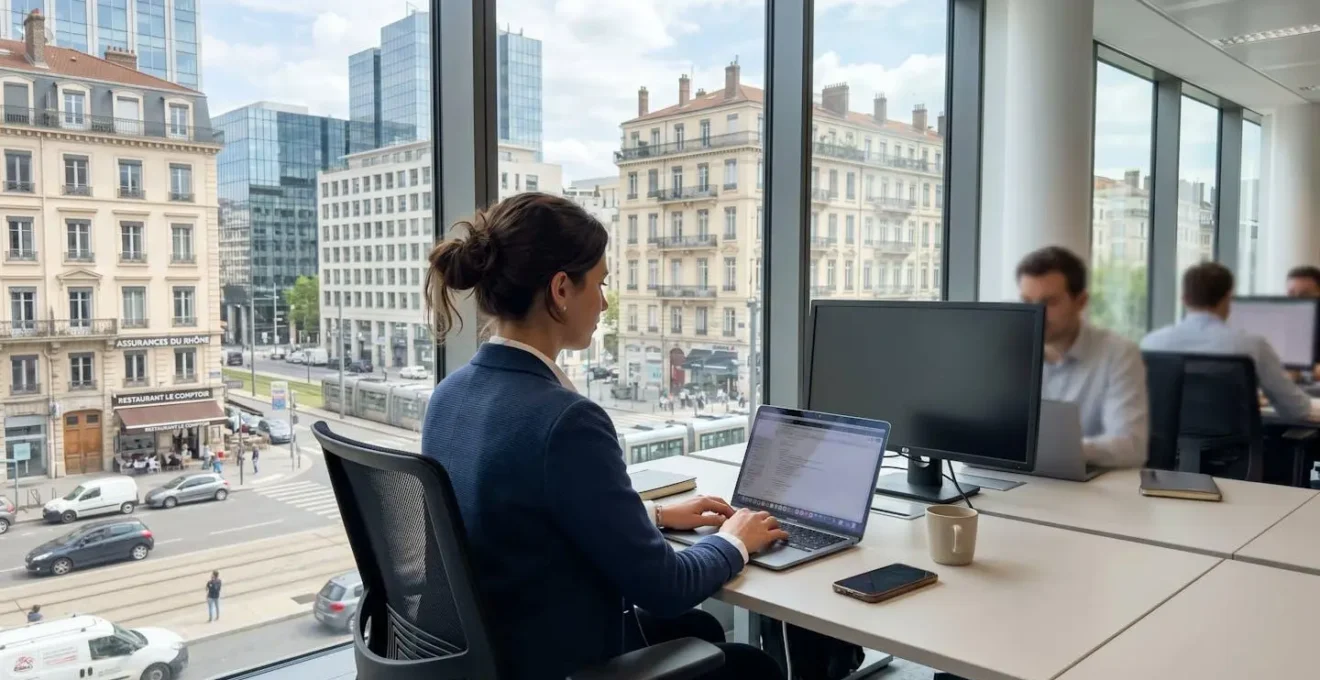 Un jeune professionnel vu de dos travaille sur un ordinateur dans un bureau lumineux avec de grandes baies vitrées donnant sur Lyon