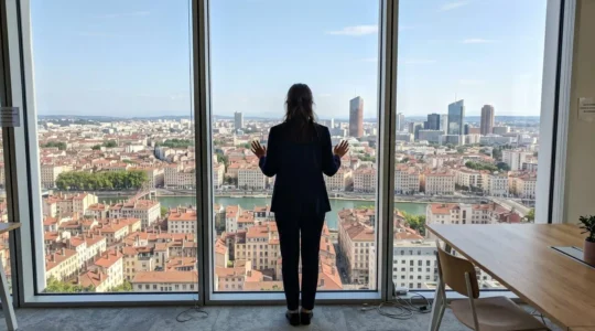 Un jeune professionnel vu de dos travaille sur un ordinateur dans un bureau lumineux avec de grandes baies vitrées donnant sur Lyon
