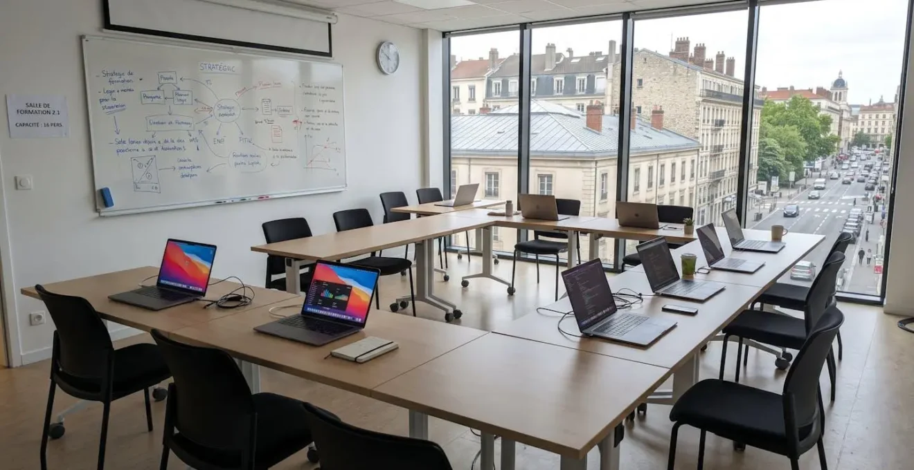 Vue large d'une salle de formation contemporaine avec tables modulables vides, tableau blanc et grande fenêtre donnant sur un paysage urbain lyonnais